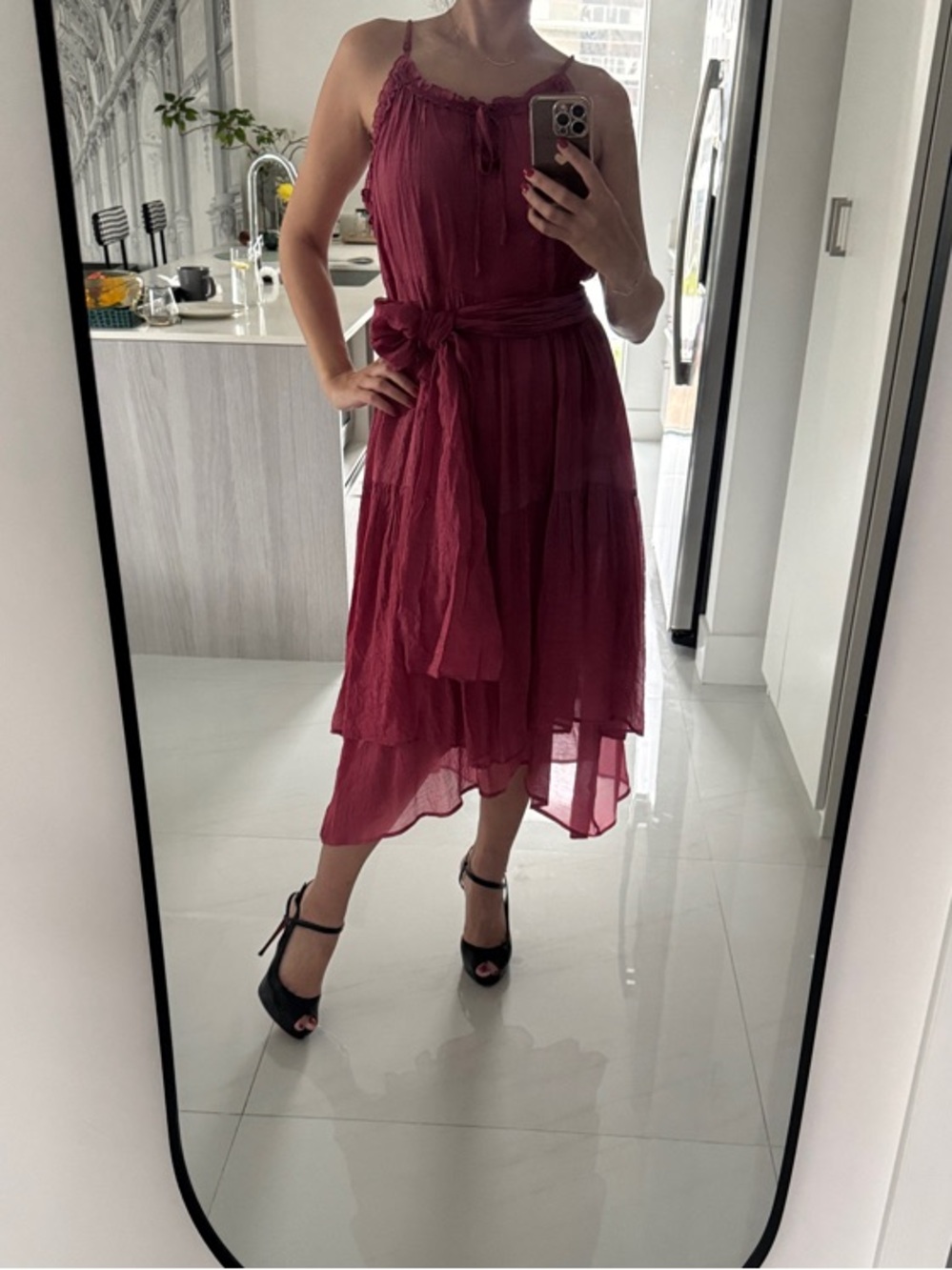 Flowy Burgundy Cotton Viscose Layered Midi Dress